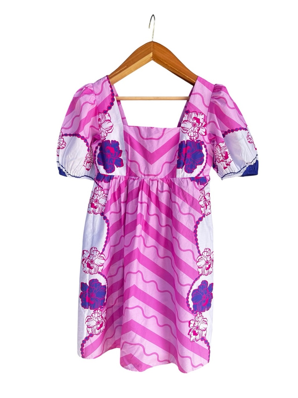 Celina Moon Pink Chevron Floral Border Mini Dress Puff Sleeve Square Neck S NWT - Picture 2 of 12